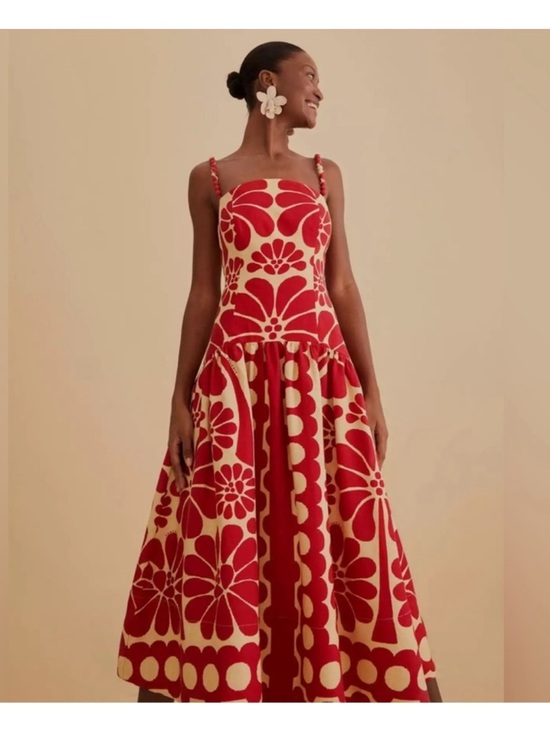 Christian Lacroix Dresses & Skirts - Christian Lacroix Red and Cream Floral-Print Midi Dress